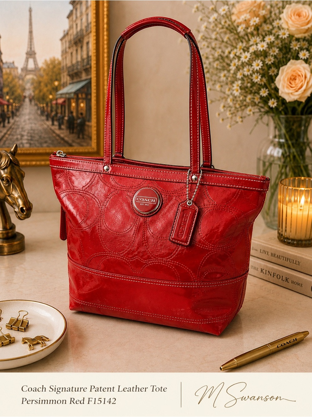 Coach Y2K Signature Patent Leather Tote Persimmon Red F15142